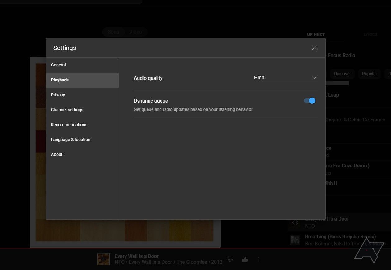 A screenshot of the YouTube Music settings menu on the web.