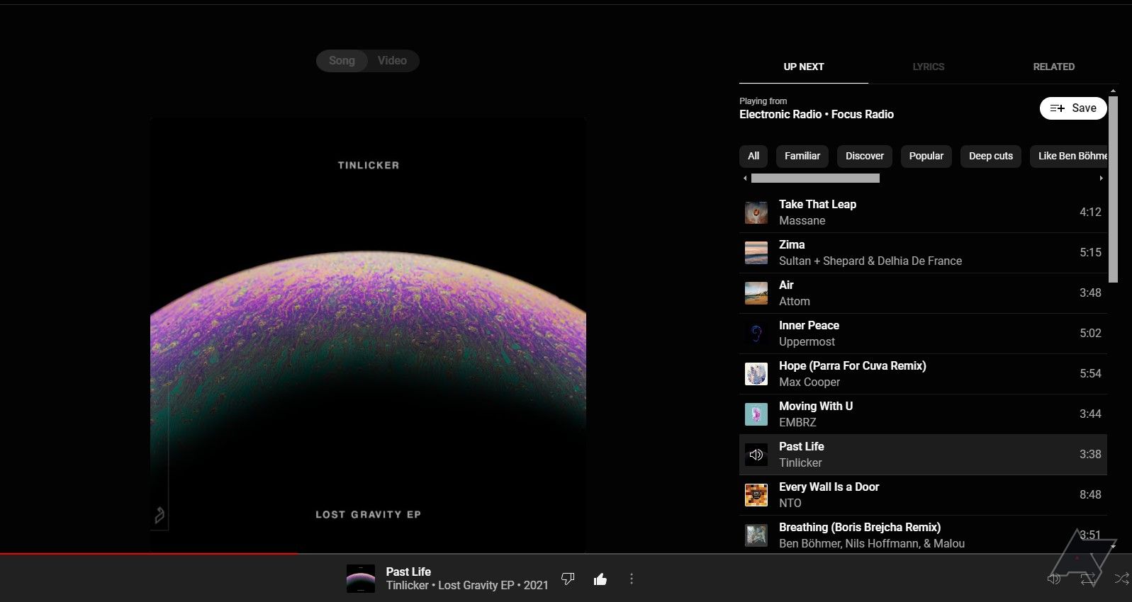 A screenshot of the YouTube Music web player showing that everything is in dark mode.