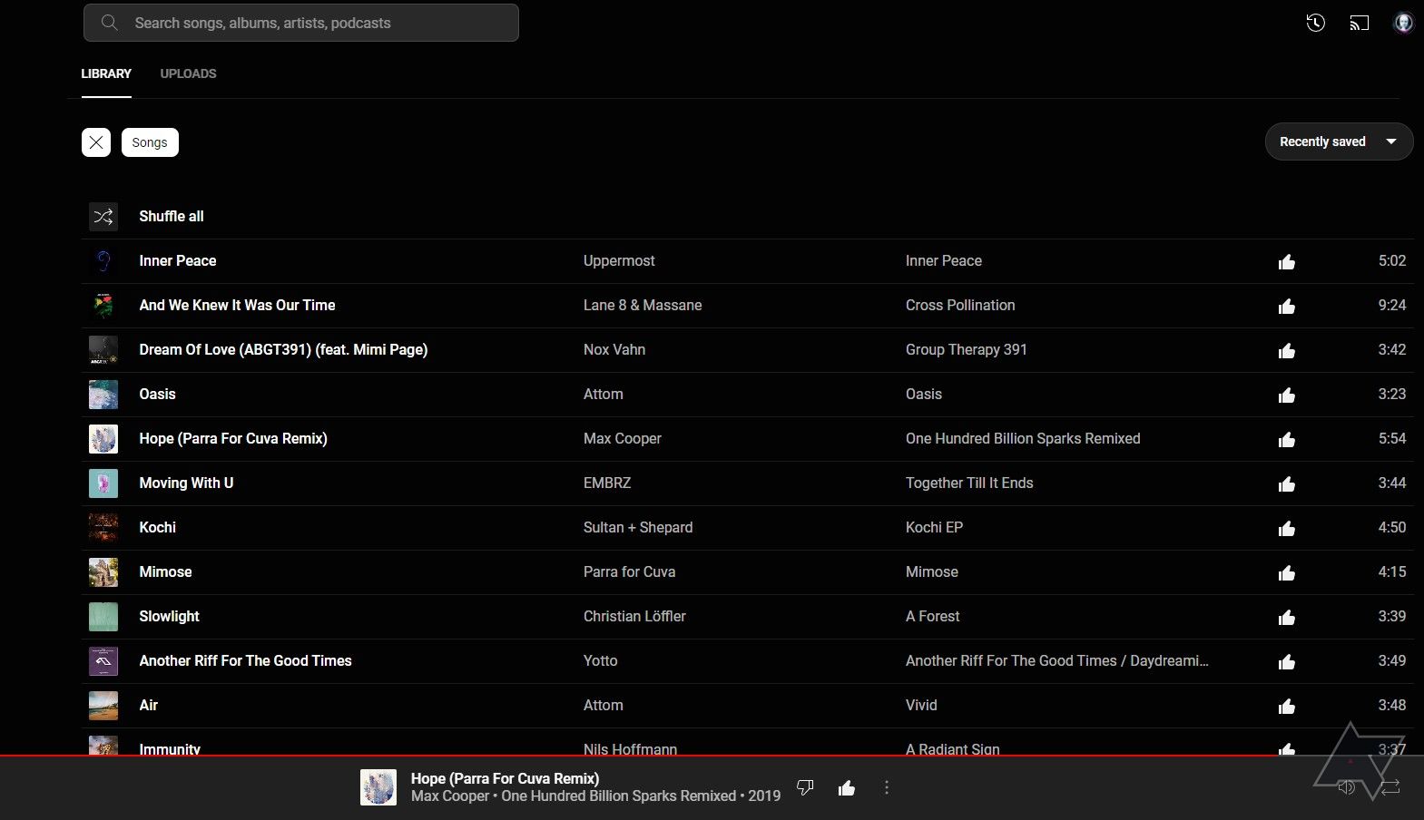 A screenshot of a music library in YouTube Music with no column for play count.