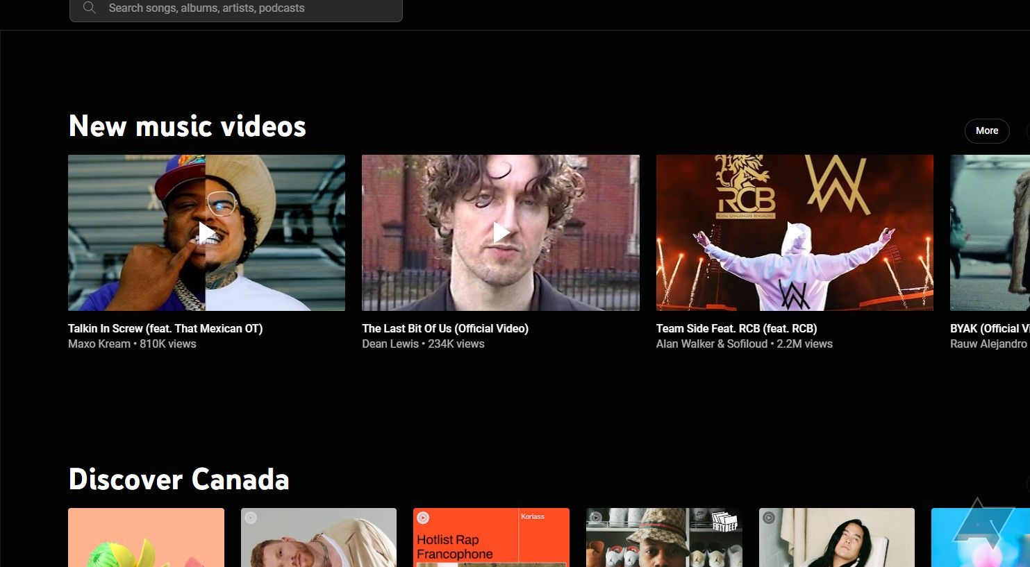 A screenshot of the YouTube Music home page showing suggested music videos.
