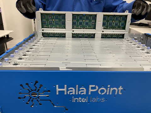 Hala Point, the world's largest neuromorphic system and Intel's most advanced to date, contains 1.15 billion neurons and packs 1,152 Loihi 2 processors produced on the Intel process node 4 into a data center chassis of six rack units the size of a microwave oven. The system supports up to 1.15 billion neurons and 128 billion synapses distributed across 140,544 neuromorphic processing cores, consuming a maximum of 2,600 watts of power. It also includes more than 2,300 x86 processors built in for auxiliary calculations. (Credit: Intel Corporation)