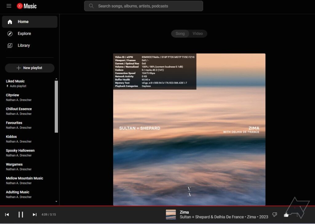 A screenshot of a song playing on YouTube Music showing the song metadata but no option to edit the song.