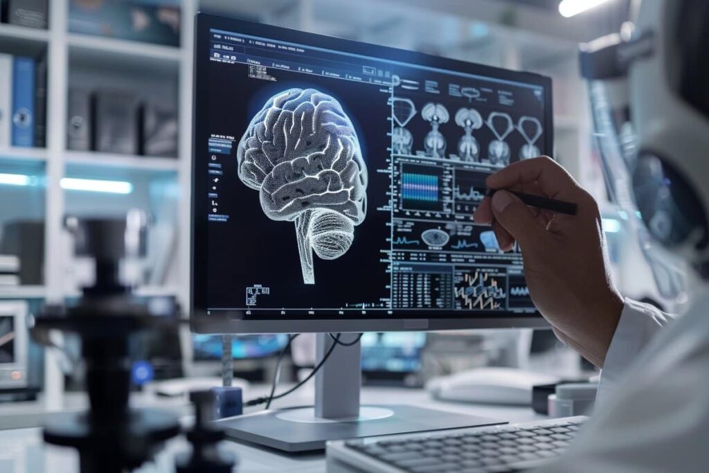 This shows a researcher looking at a computer screen.