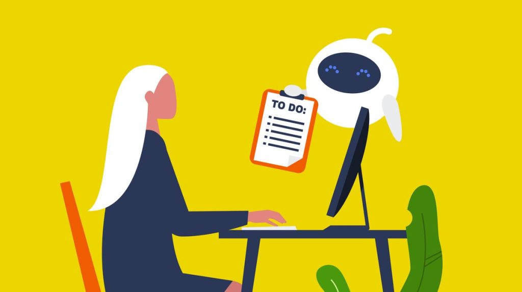 Woman working at desk with robot assistant showing her a to-do list.